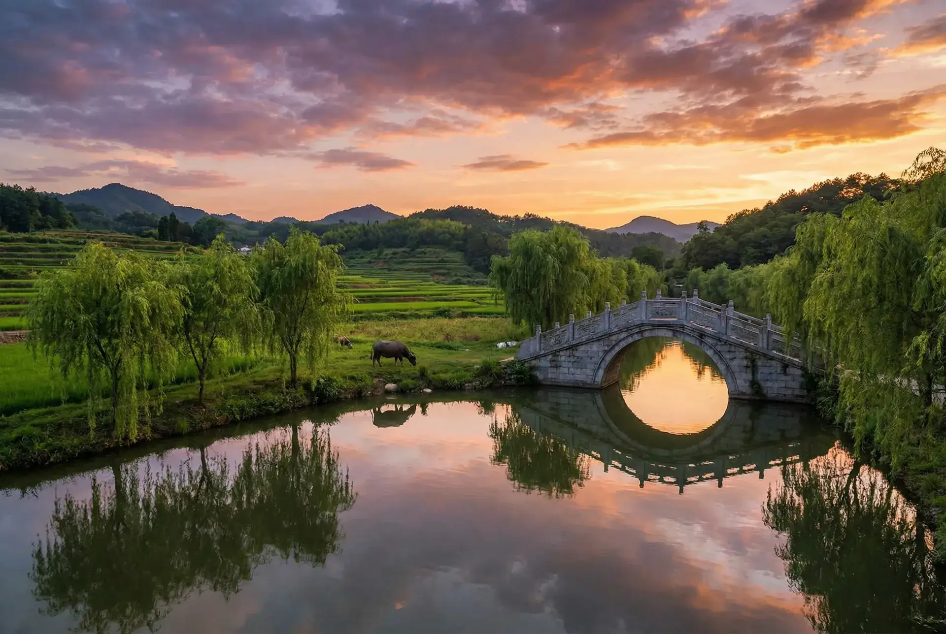 夕阳下的石拱桥与垂柳，水牛在河边吃草 - 歧天路第二部 乡村美景